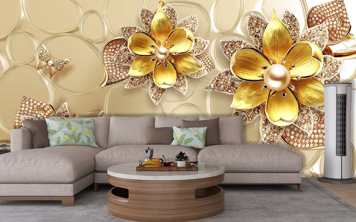 A group of gold flowers with diamonds and pearls shown in a room