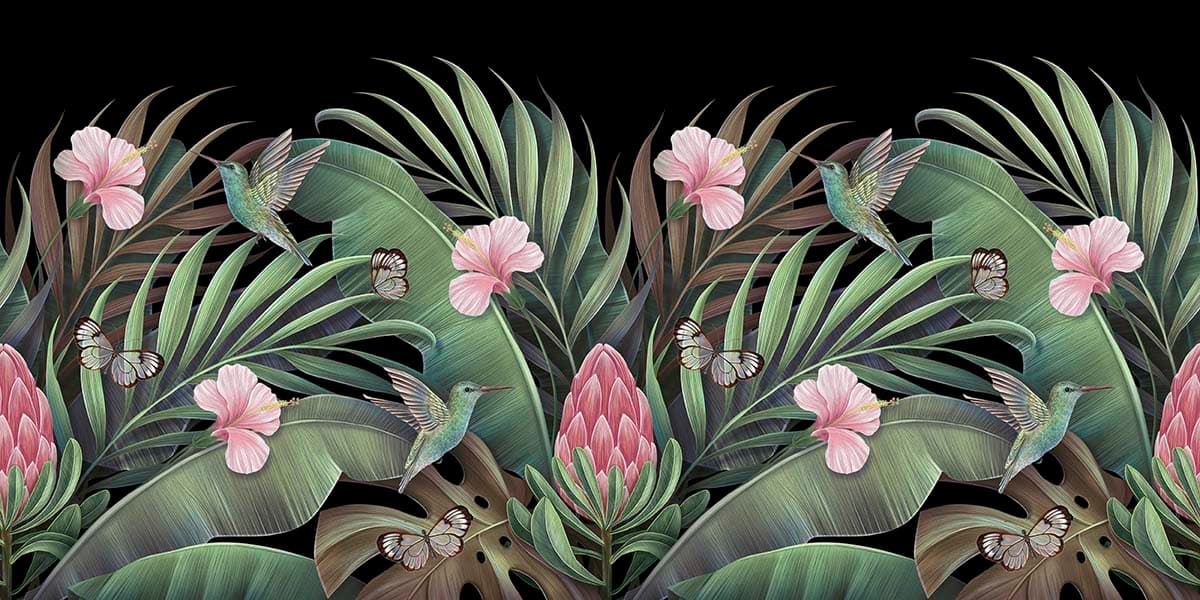 Tropical Floral Birds Painting Wall Art Wallpaper pattern detail