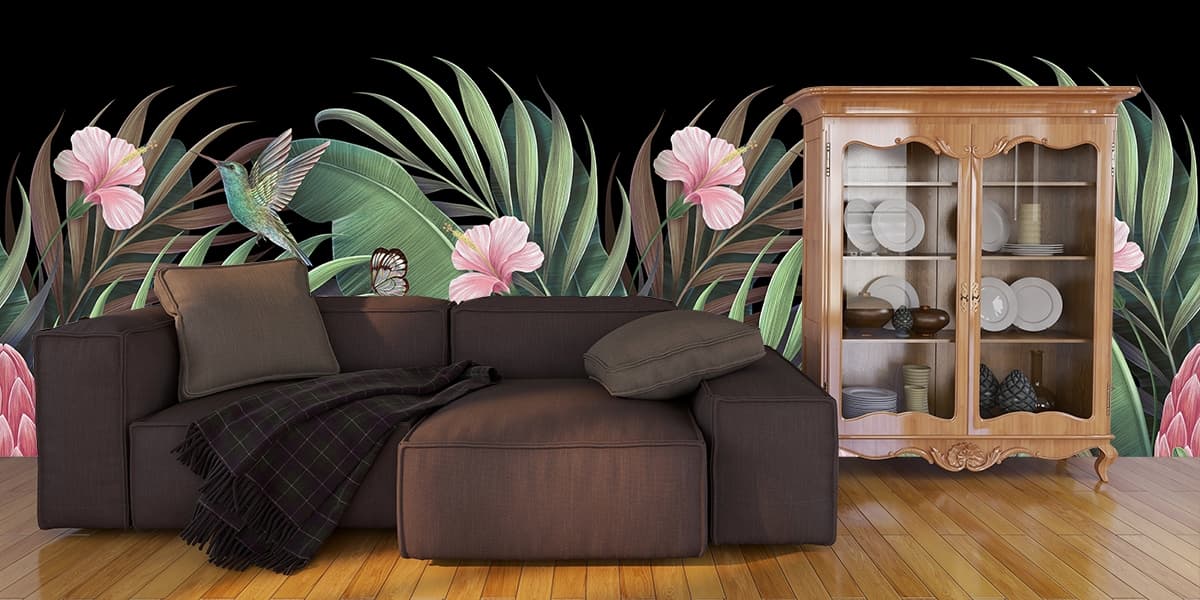 Tropical Floral Birds Painting Wall Art Wallpaper shown in a room