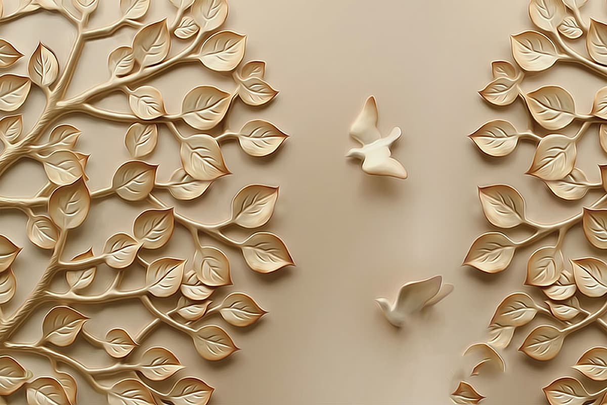 Elegant Birds with Leaf Pattern Decorative Wallpaper pattern detail