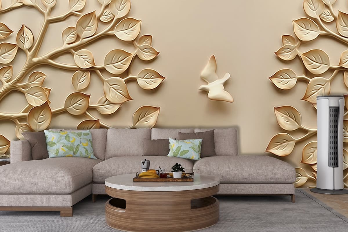 Elegant Birds with Leaf Pattern Decorative Wallpaper shown in a room