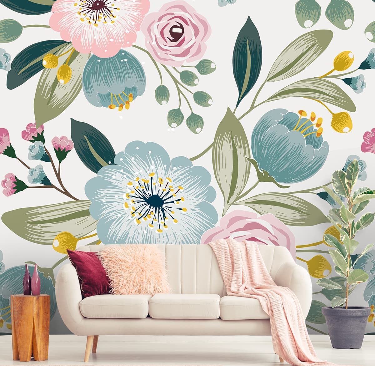 Designer Botanical Floral Pattern Wall Design Wallpaper shown in a room