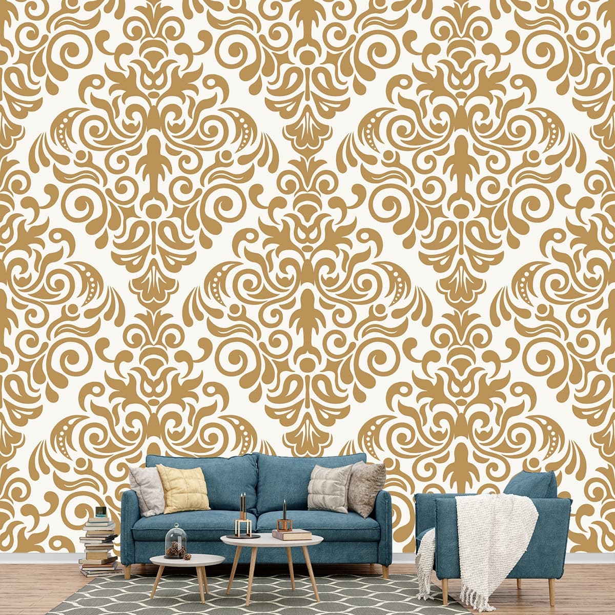 A pattern of gold and white swirls shown in a room
