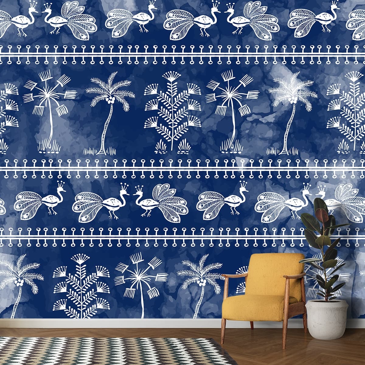 Blue and White Birds & Trees Chinoiserie Wallpaper shown in a room