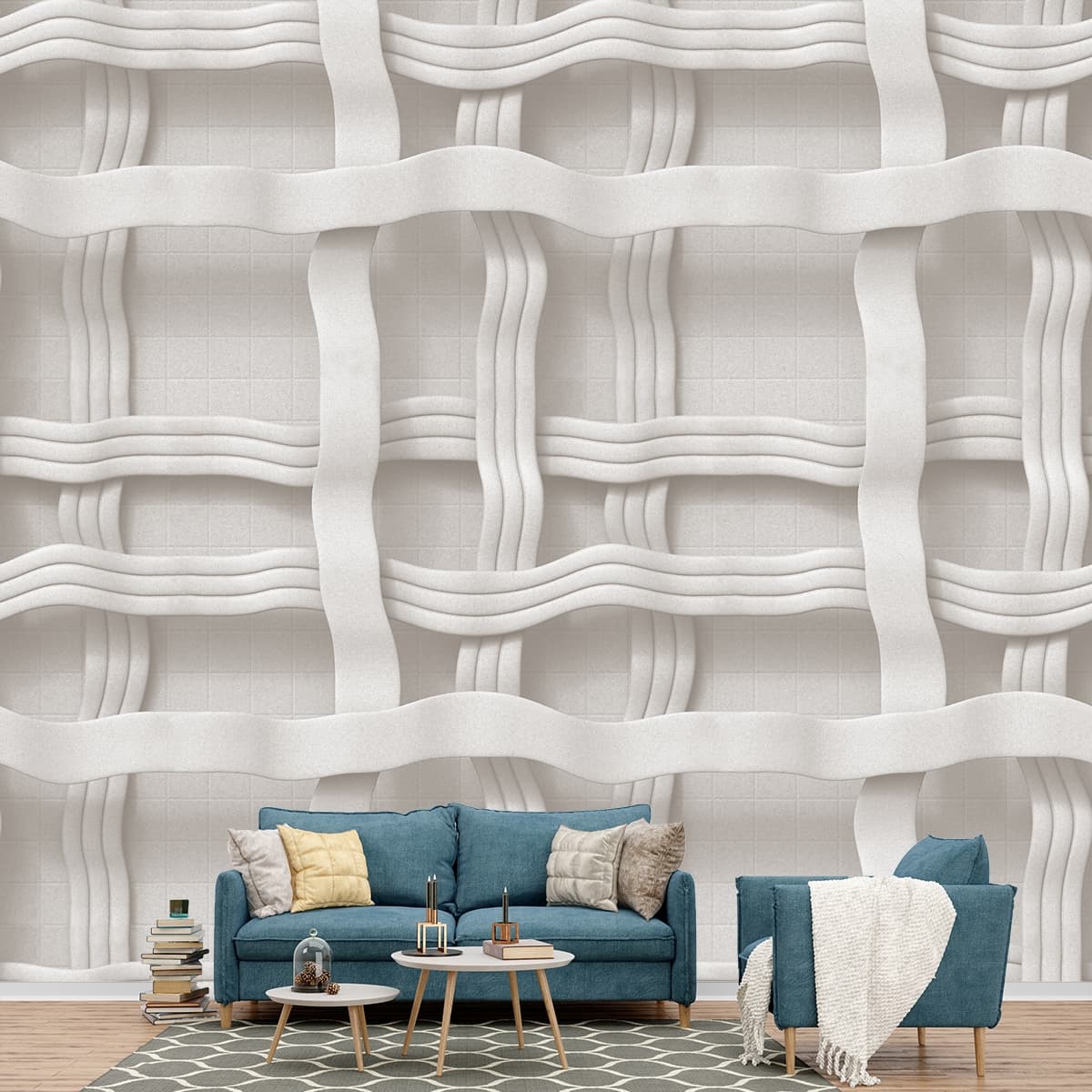 Premium White Fabric Texture Woven Style wallpaper shown in a room