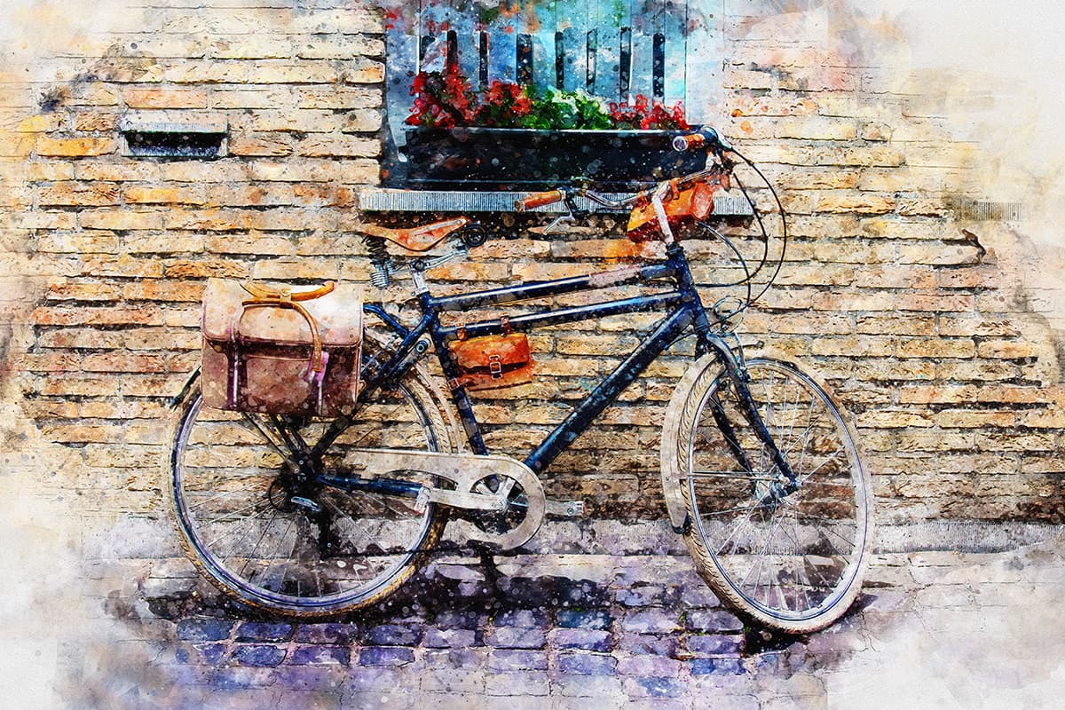 Vintage bicycle resting by rustic brick wall scene wallpaper pattern detail