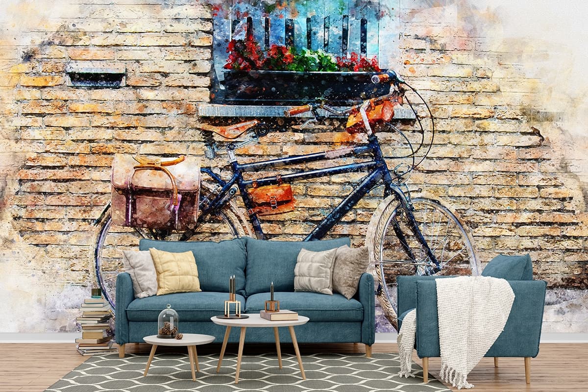 Vintage bicycle resting by rustic brick wall scene wallpaper shown in a room