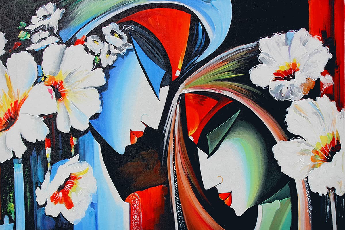 A painting of a couple of people with flowers pattern detail