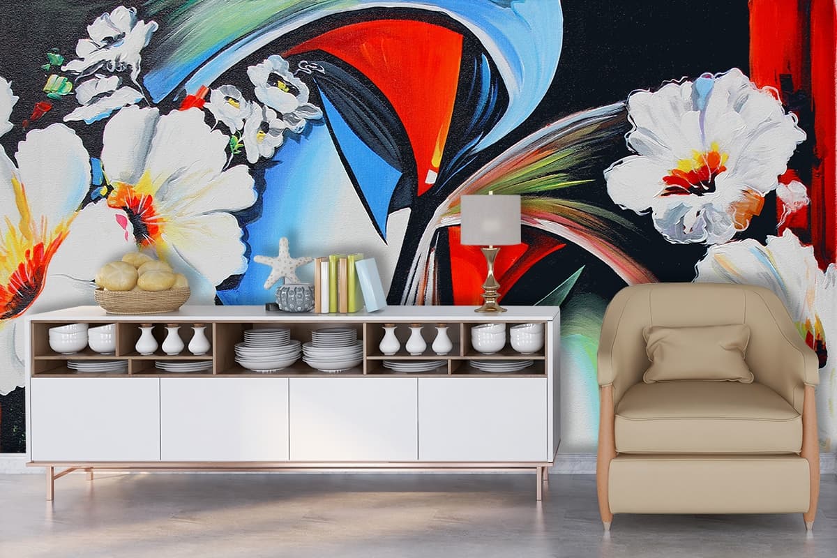 A painting of a couple of people with flowers shown in a room