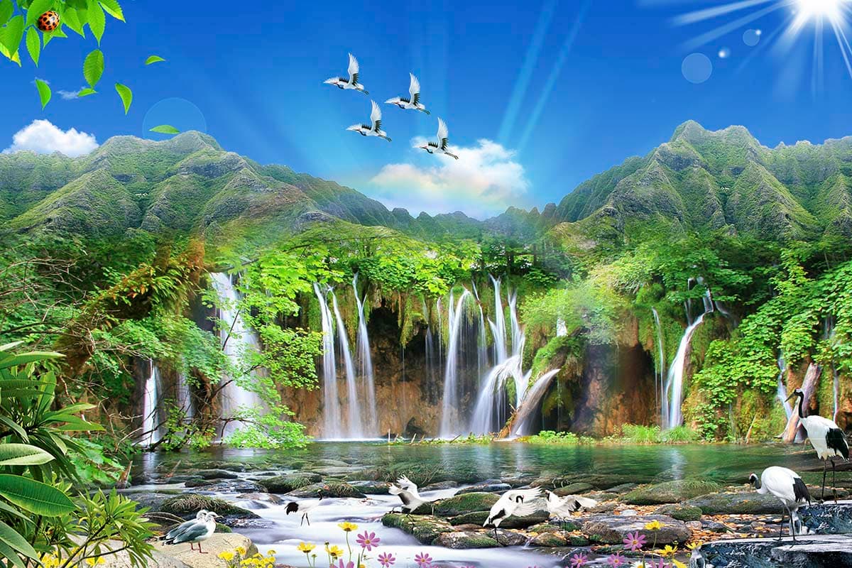 3D Mountains, Birds and Waterfall Scenery Wallpaper pattern detail