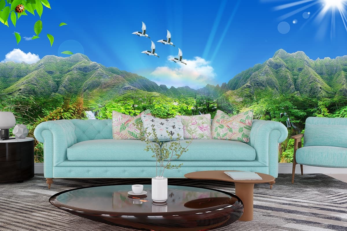 3D Mountains, Birds and Waterfall Scenery Wallpaper shown in a room