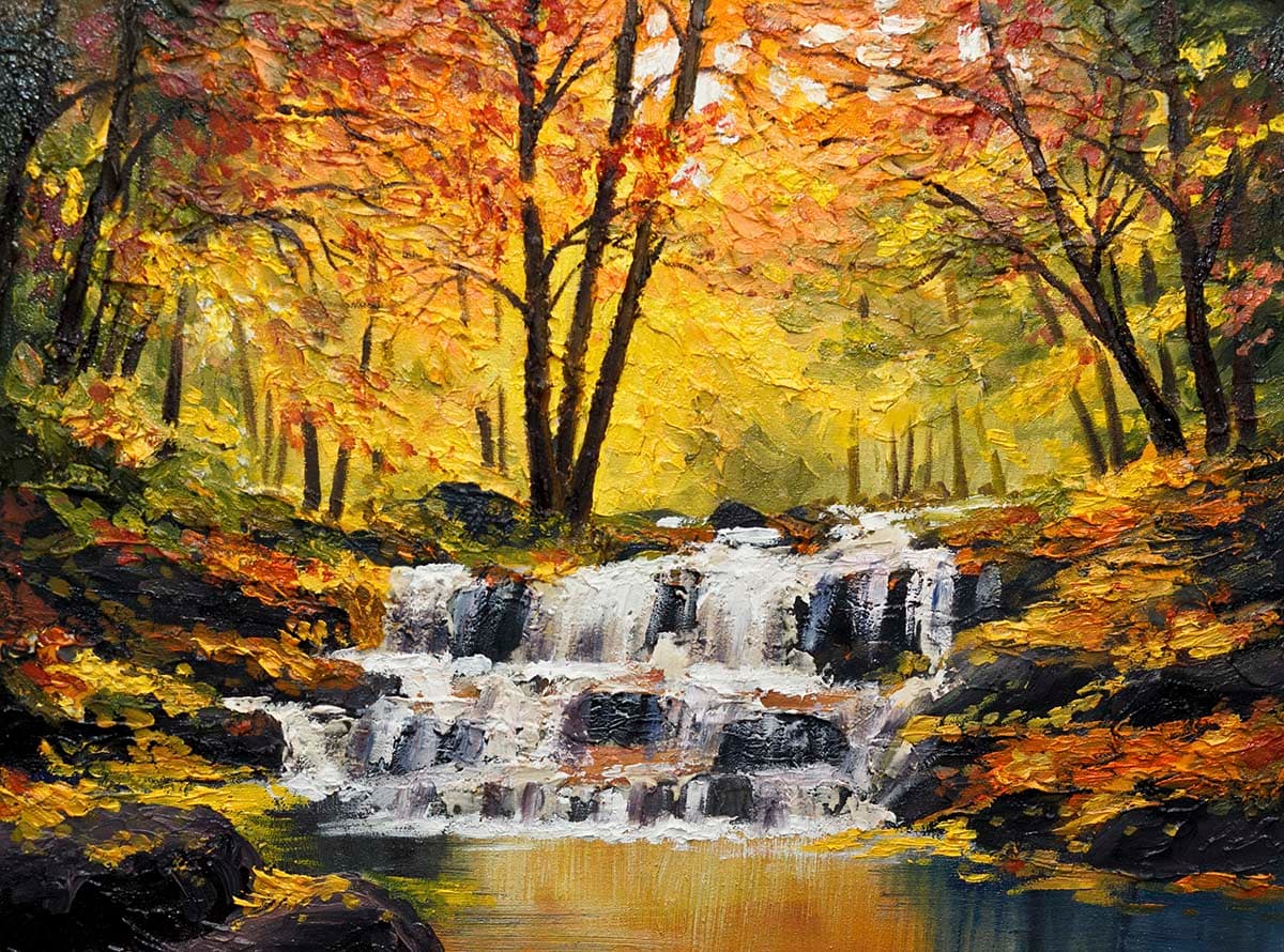 Artistic forest waterfall painting scene nature wallpaper pattern detail