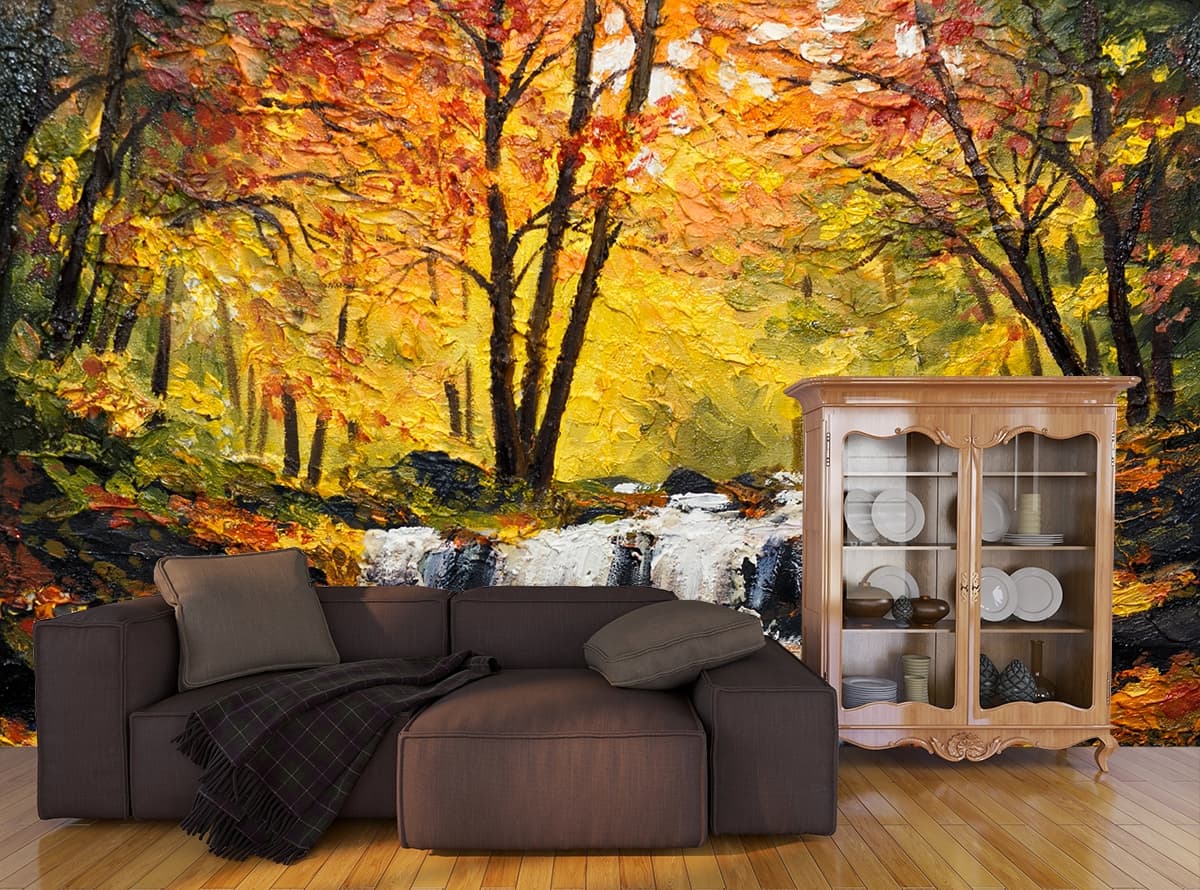Artistic forest waterfall painting scene nature wallpaper shown in a room