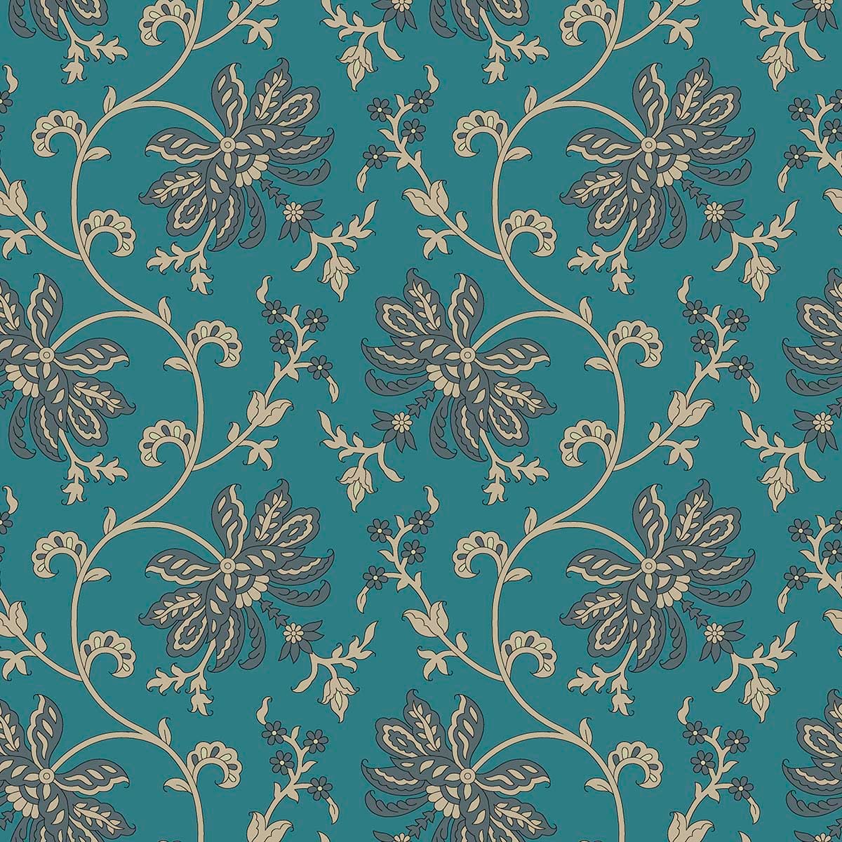 Peacock Green Pattern of Leaves and Vines Wallpaper Mural pattern detail