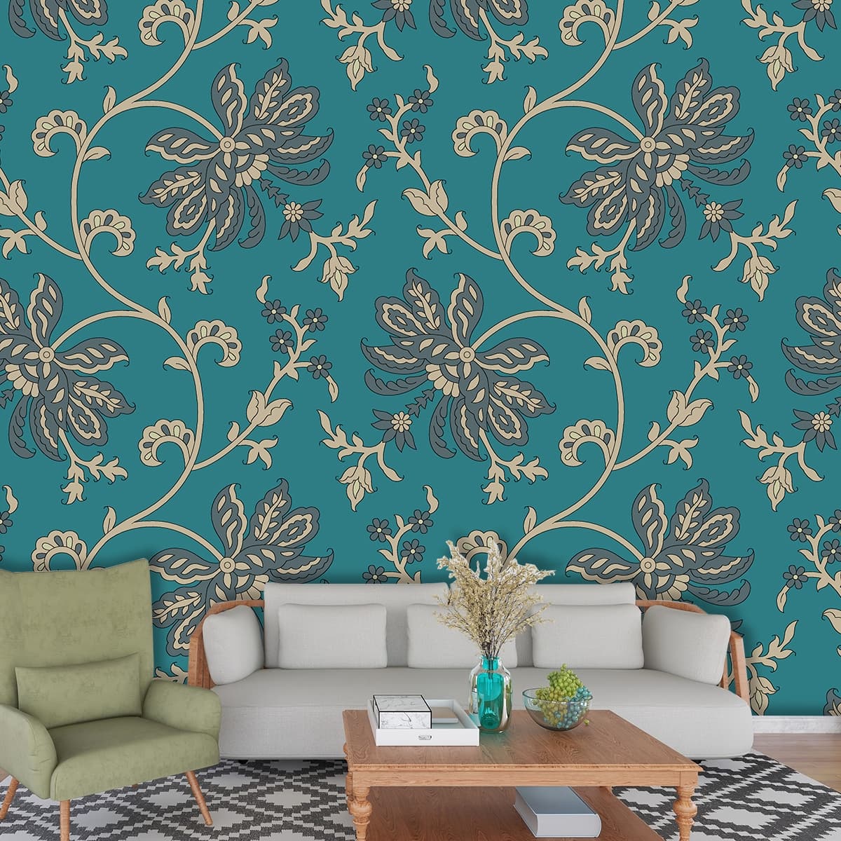 Peacock Green Pattern of Leaves and Vines Wallpaper Mural shown in a room