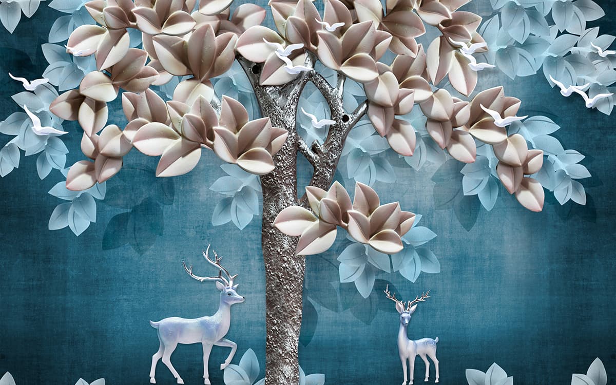 Tree with Flowers and Deer Scenic Nature Wall Mural Wallpaper pattern detail