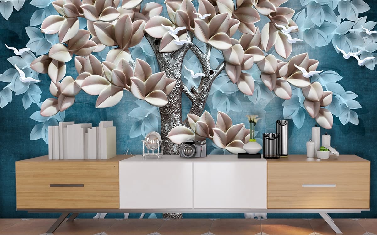 Tree with Flowers and Deer Scenic Nature Wall Mural Wallpaper shown in a room