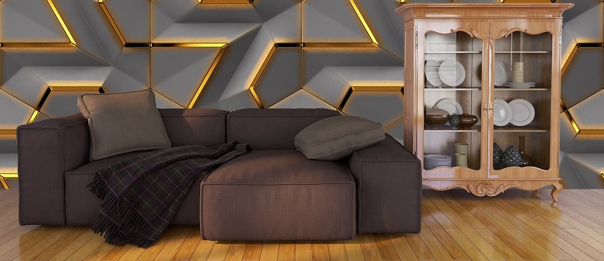 Golden 3D Geometric Pattern Wallpaper for Bedroom shown in a room