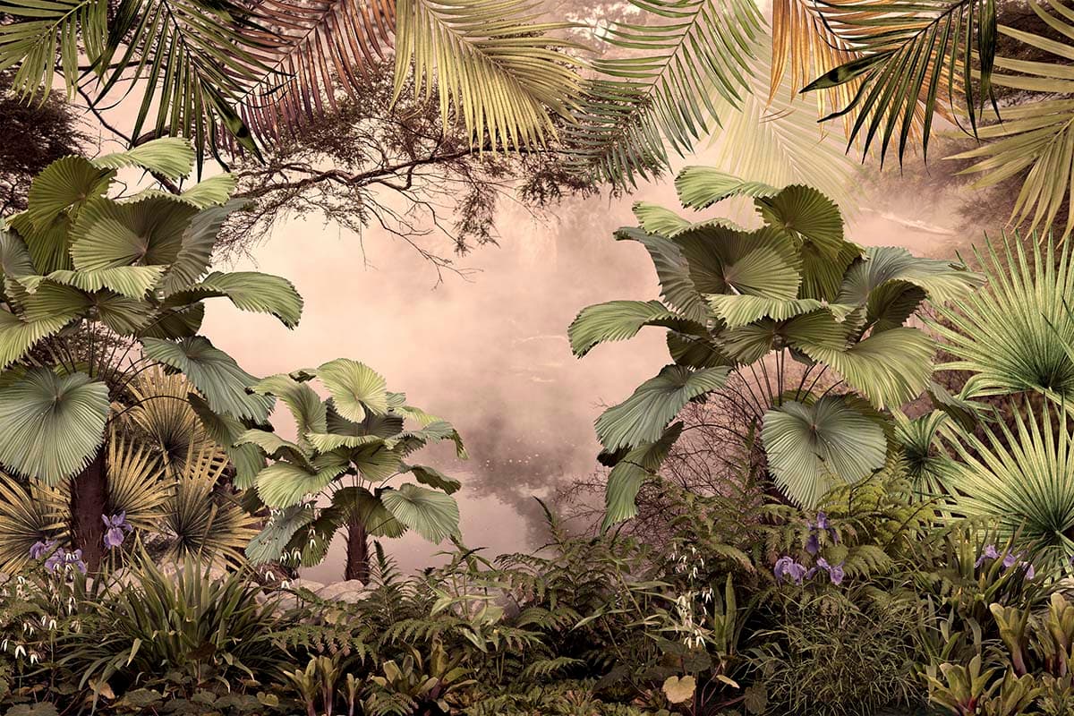 Tropical Oasis with Ruffled Fan Palm Wallpaper pattern detail