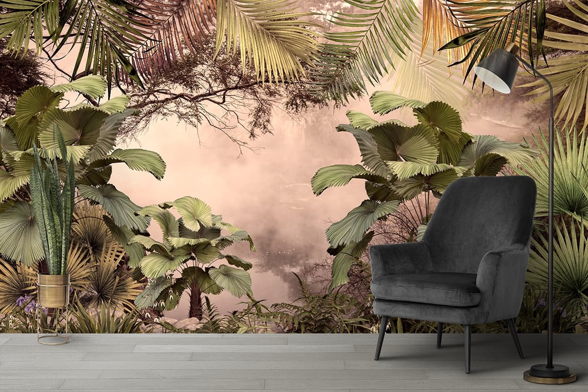 Tropical Oasis with Ruffled Fan Palm Wallpaper shown in a room