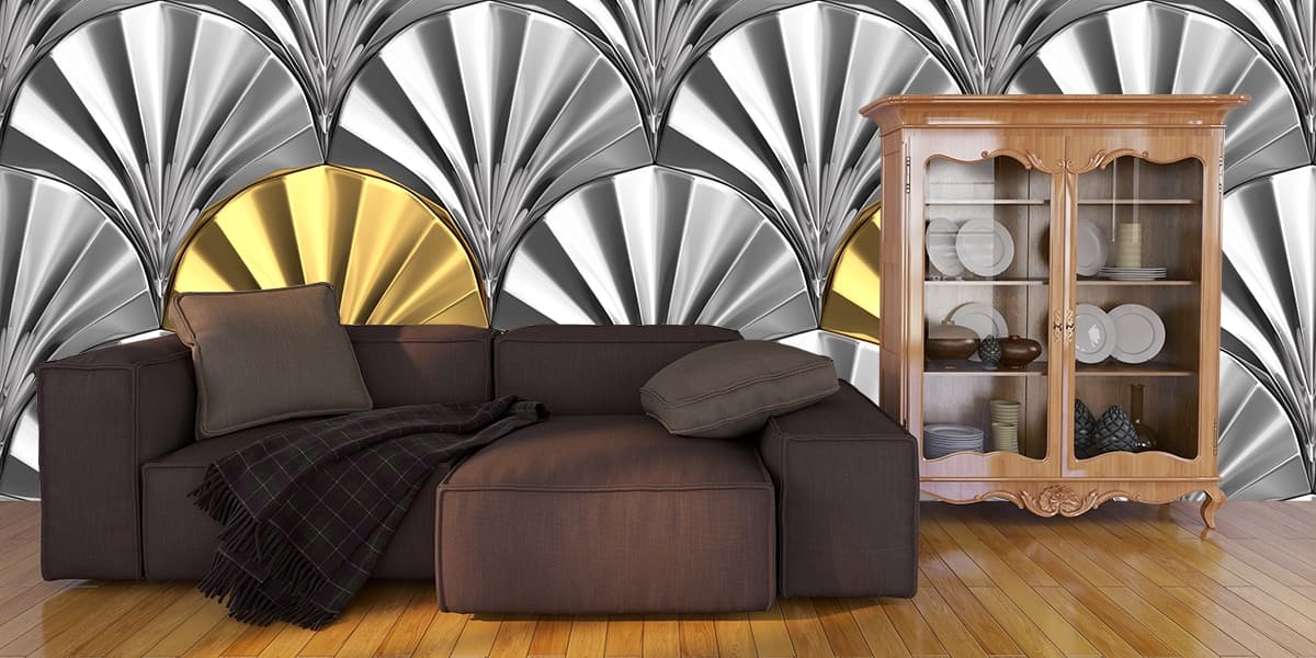 Luxury Silver Gold Art Deco Pattern Home Decor Wallpaper shown in a room