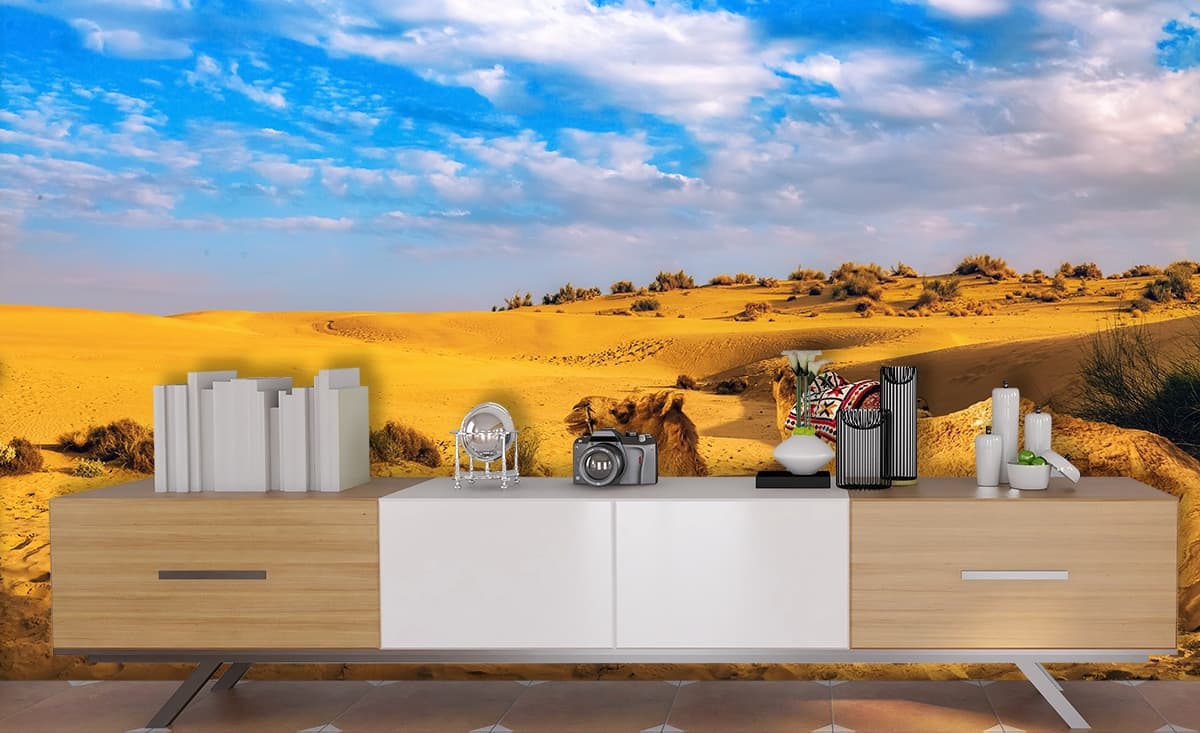 Beautiful Brown Camel on Sunny Sand Dunes Wallpaper shown in a room