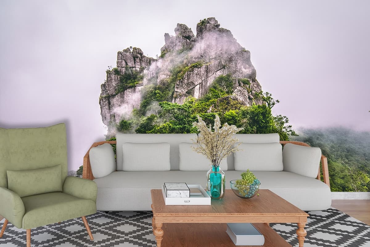 Misty Mountain with Trees and Fog Nature Wallpaper shown in a room