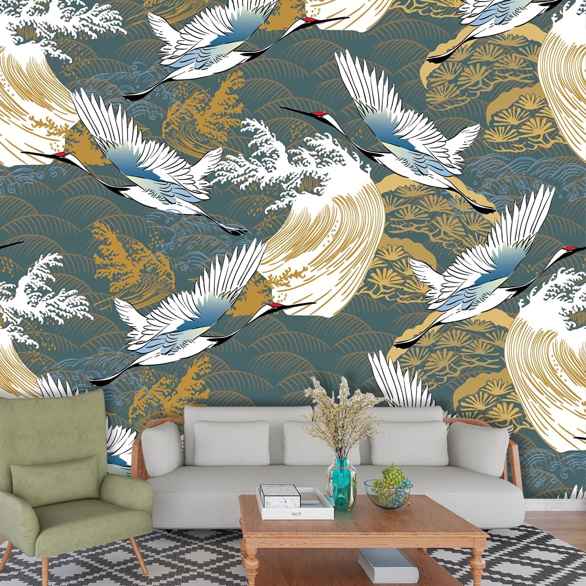 A pattern of cranes flying shown in a room