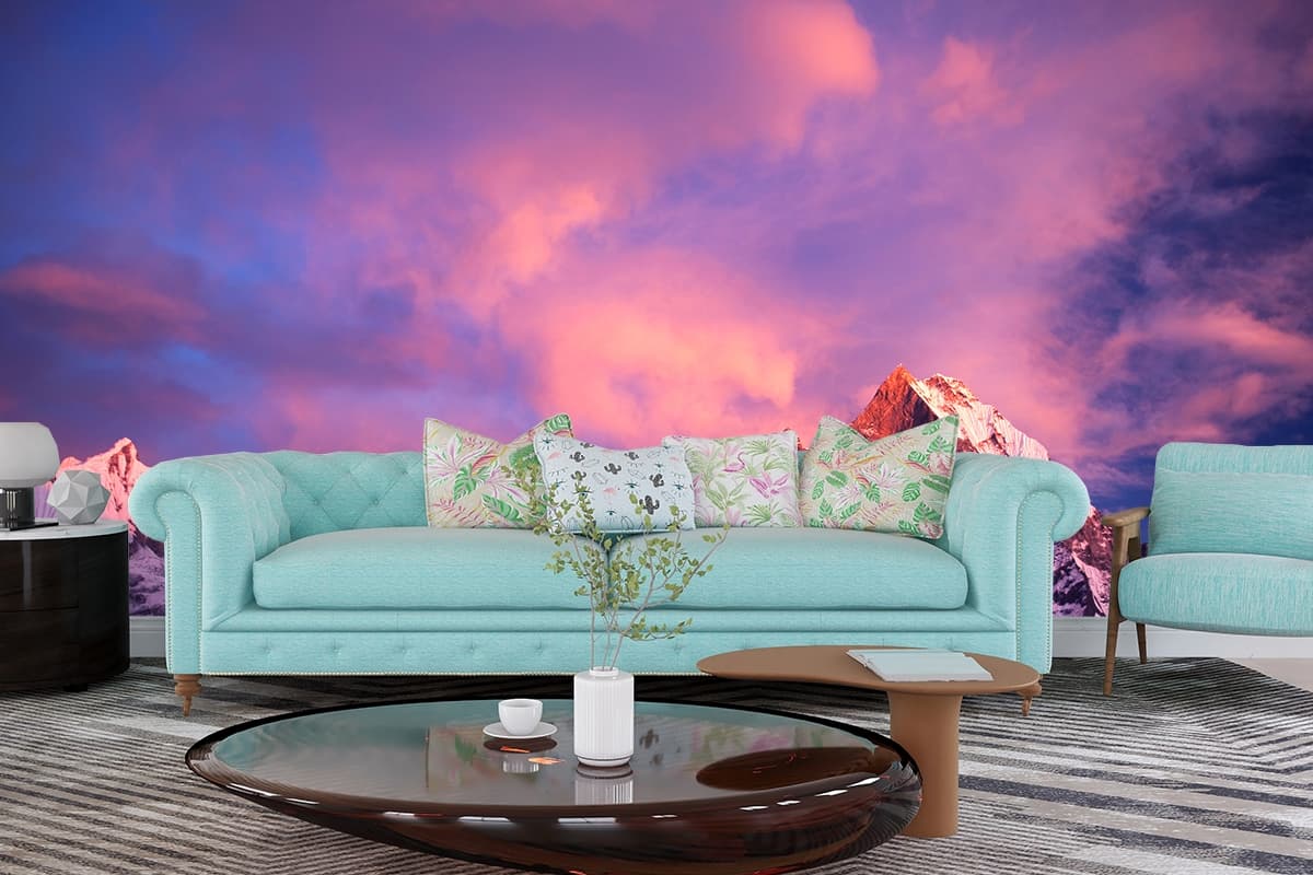 Aesthetic Snowy Mountain Pink Sky Scene Wallpaper shown in a room