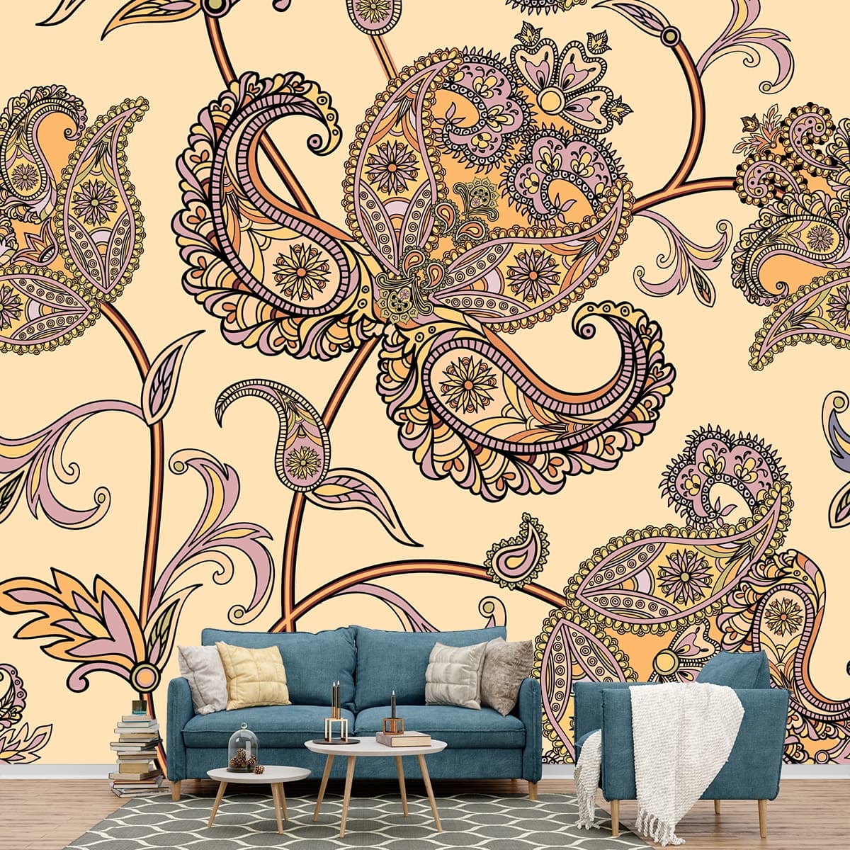 Elegant Paisley and Floral Pattern Wallpaper shown in a room