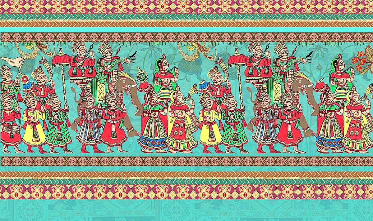 Indian Traditional Kalamkari Art Parade Wallpaper pattern detail