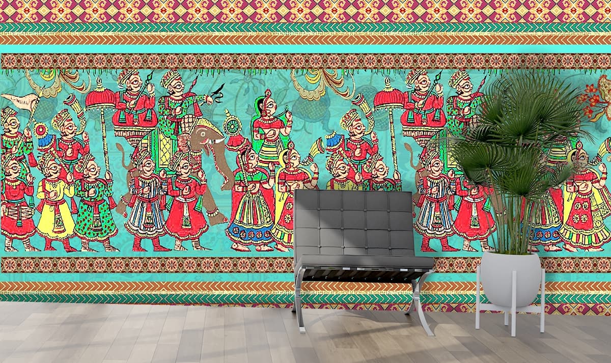 Indian Traditional Kalamkari Art Parade Wallpaper shown in a room