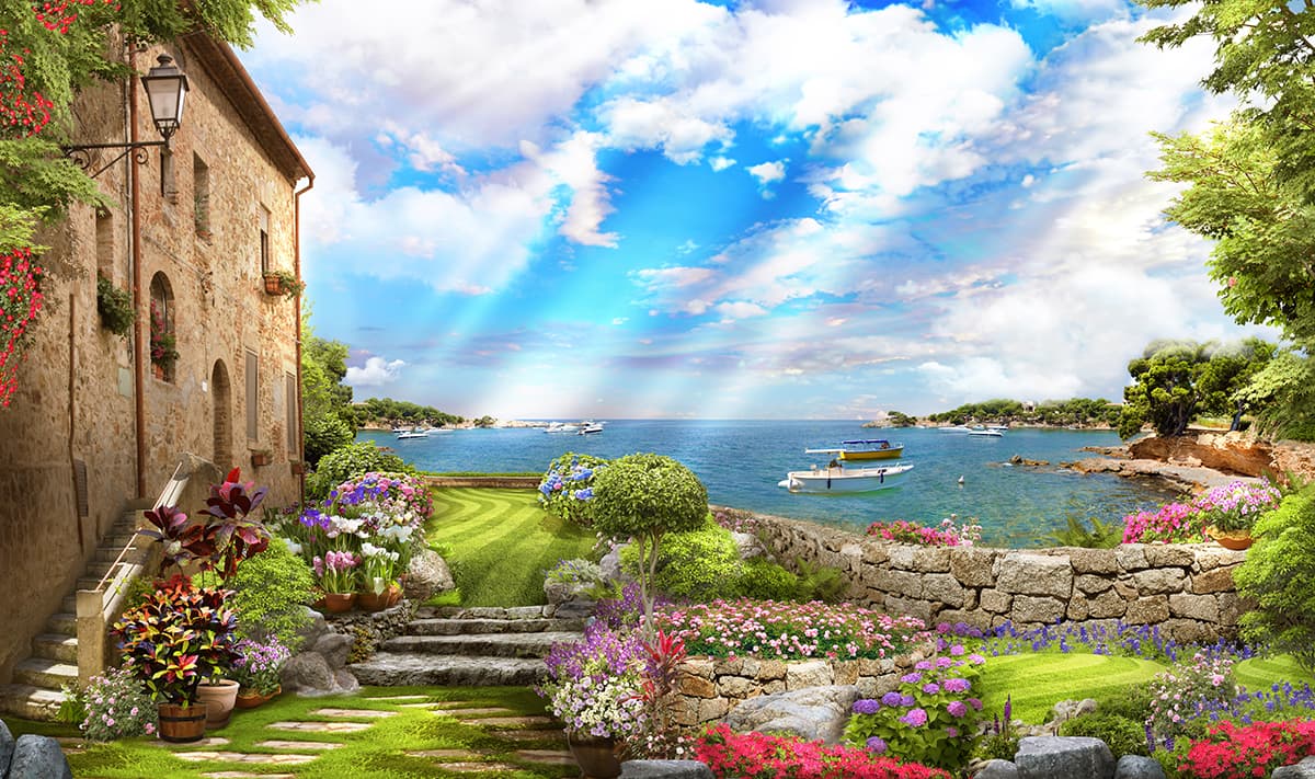Luxury Garden House with Boat Water Wall Mural Wallpaper pattern detail