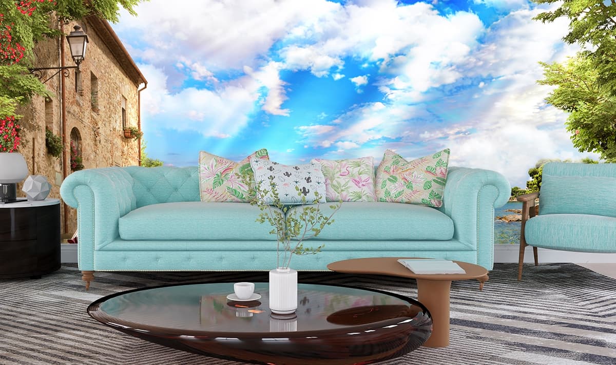 Luxury Garden House with Boat Water Wall Mural Wallpaper shown in a room