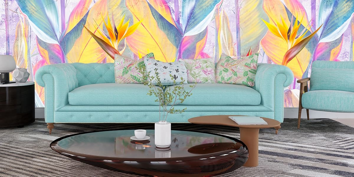 Blooming Flower Botanical Tropical Seamless Art Wallpaper shown in a room