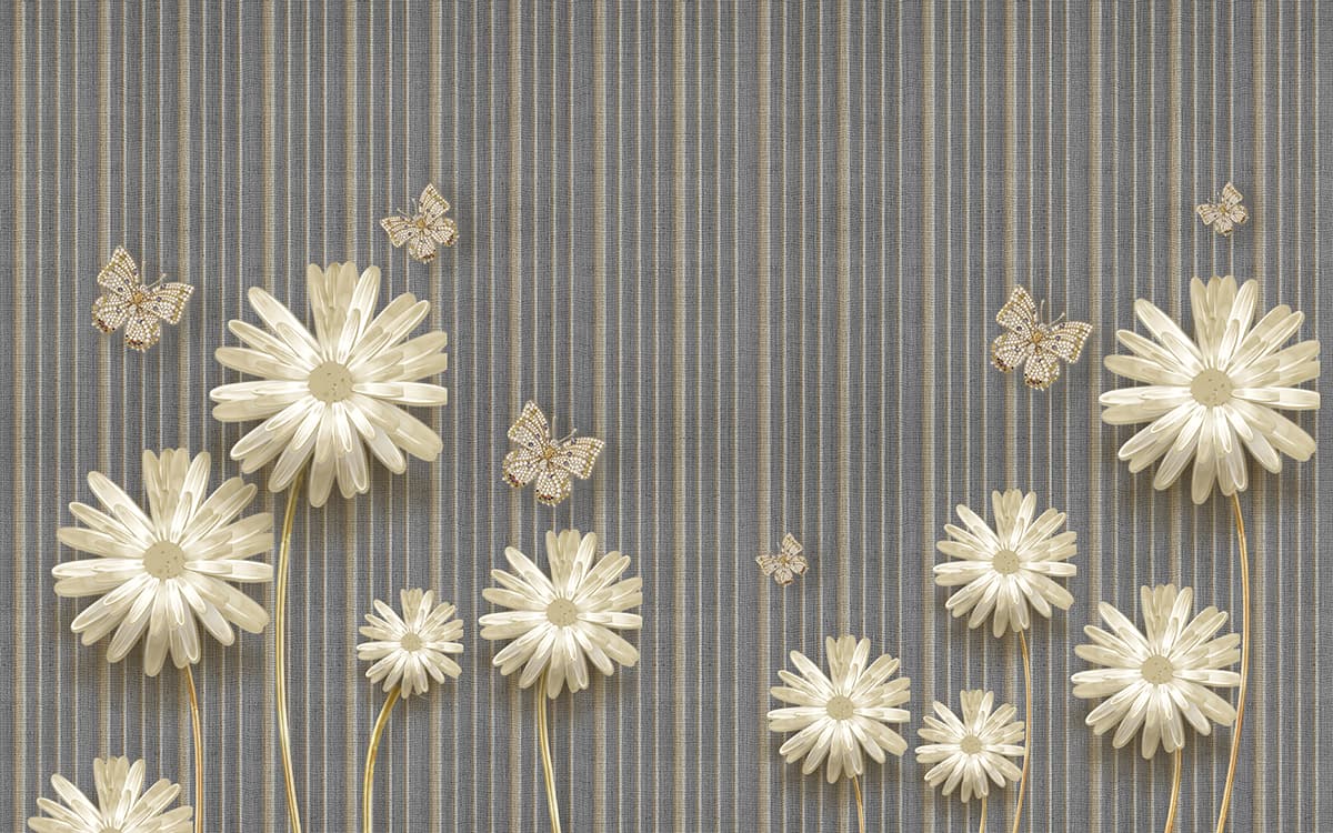 3D Jewelled Flowers and Butterflies Wallpaper pattern detail