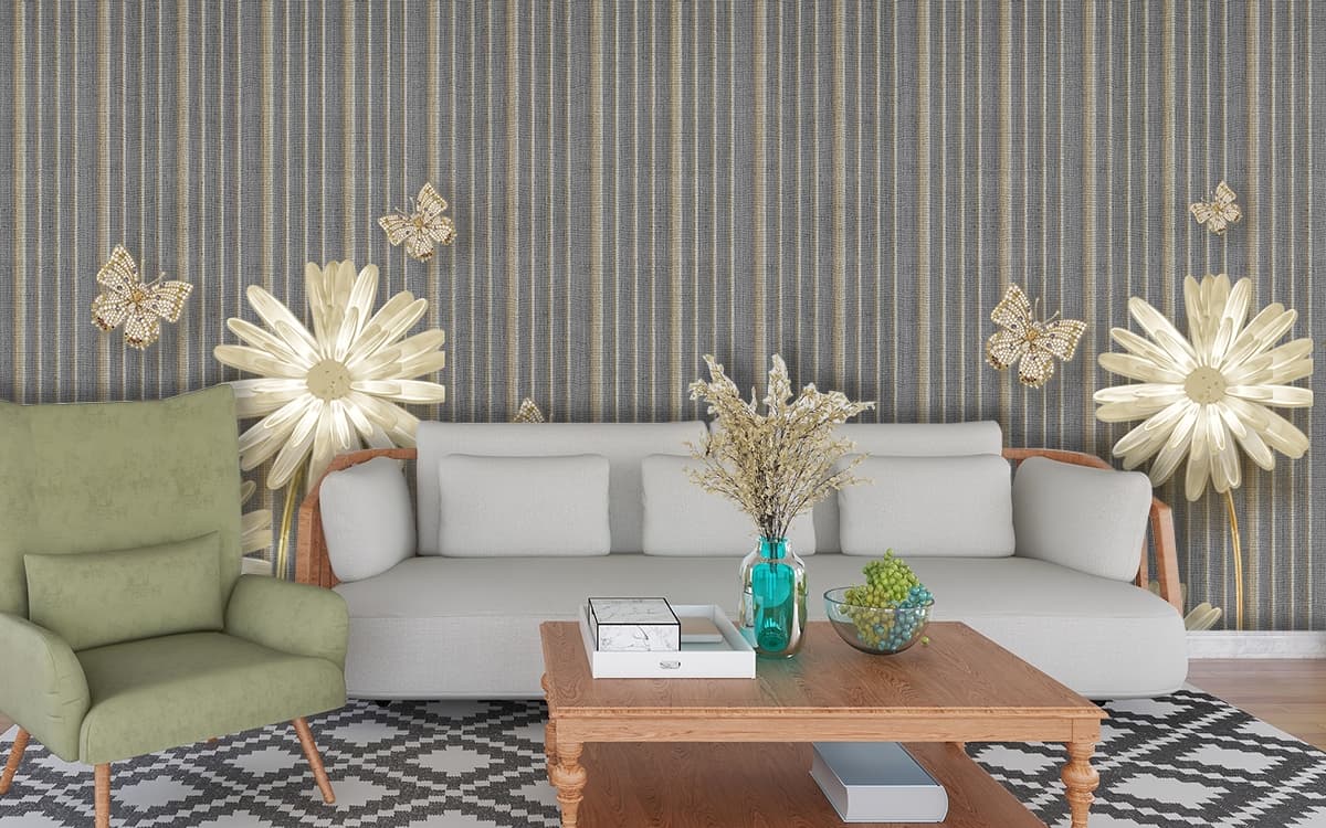 3D Jewelled Flowers and Butterflies Wallpaper shown in a room