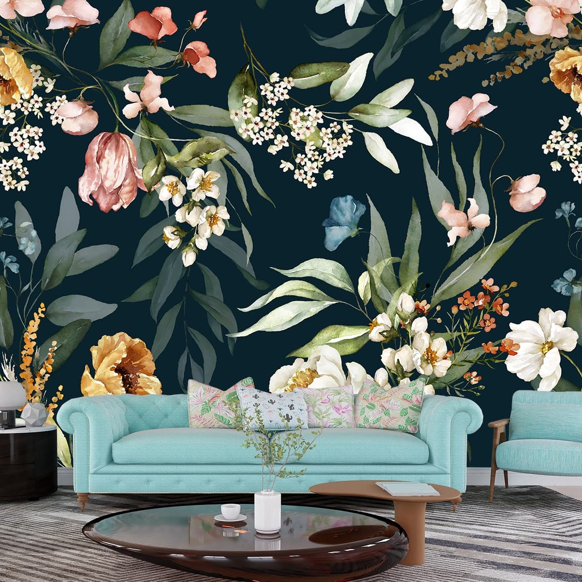 Classic Leaves and Flowers Design Wall Wallpaper shown in a room