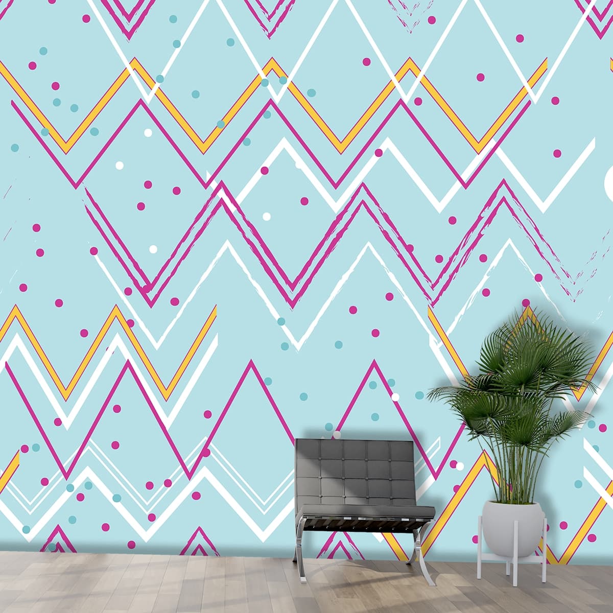 Premium Abstract Zigzag Lines and Dots Wallpaper shown in a room