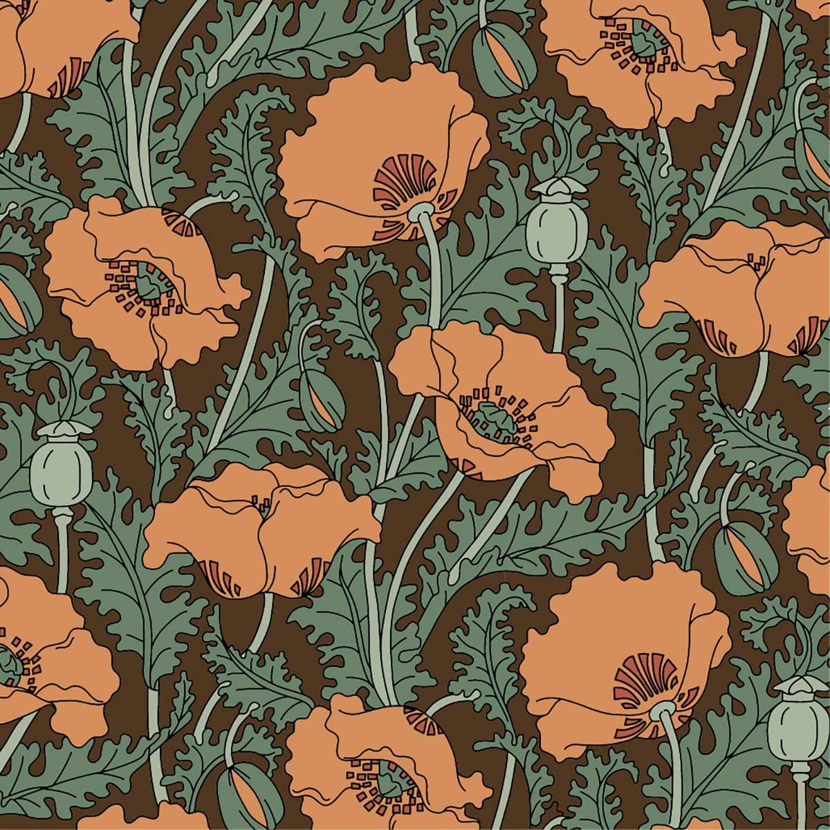 A pattern of orange flowers and green leaves pattern detail