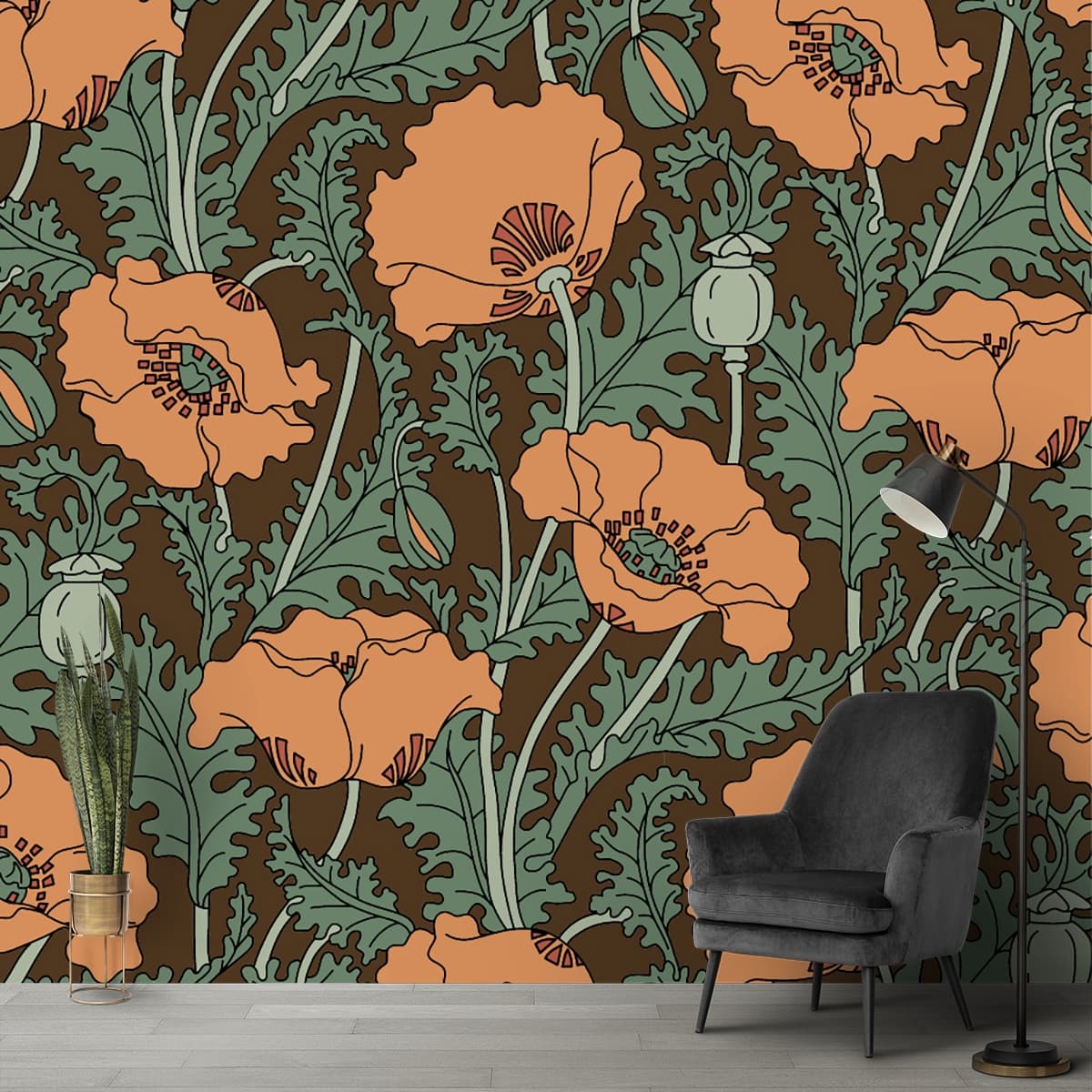 A pattern of orange flowers and green leaves shown in a room