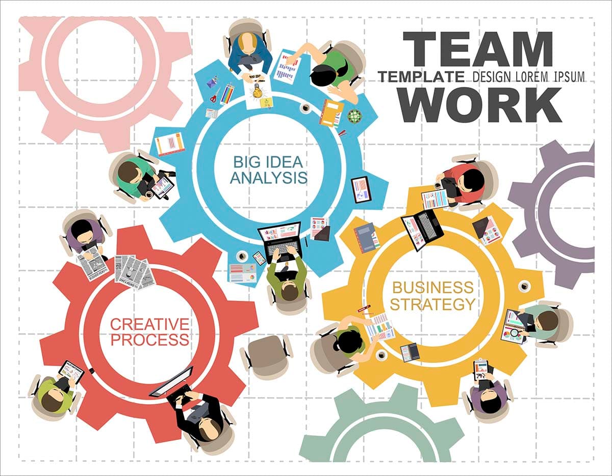 A group of people sitting at a table with gears pattern detail