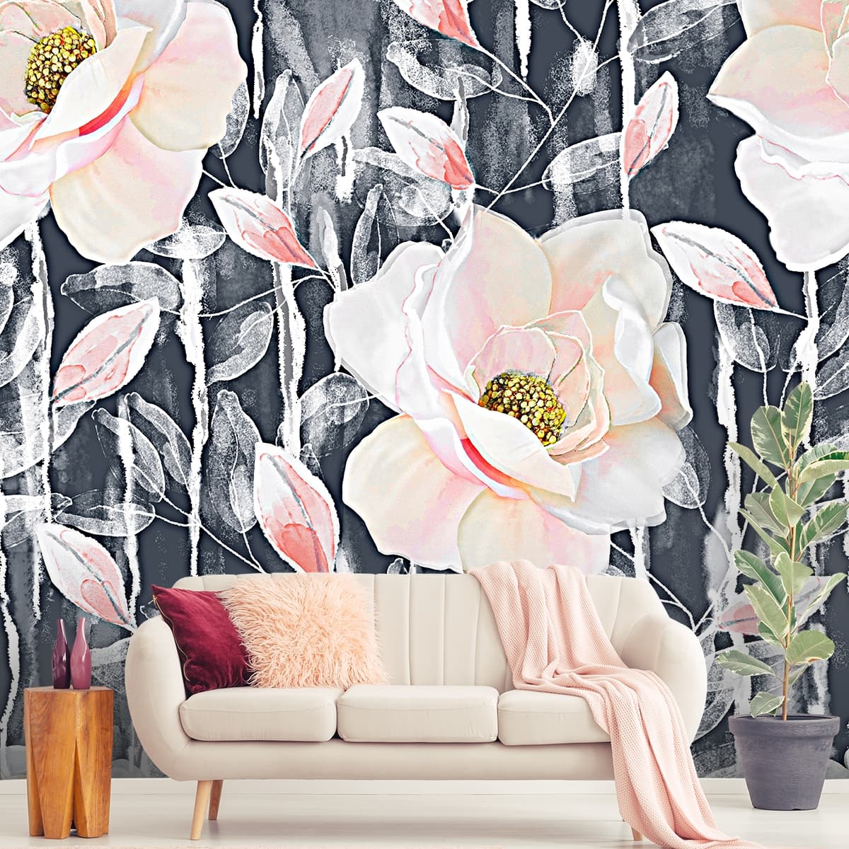 Close Up of Flowers Botanical Bloom Wallpaper shown in a room