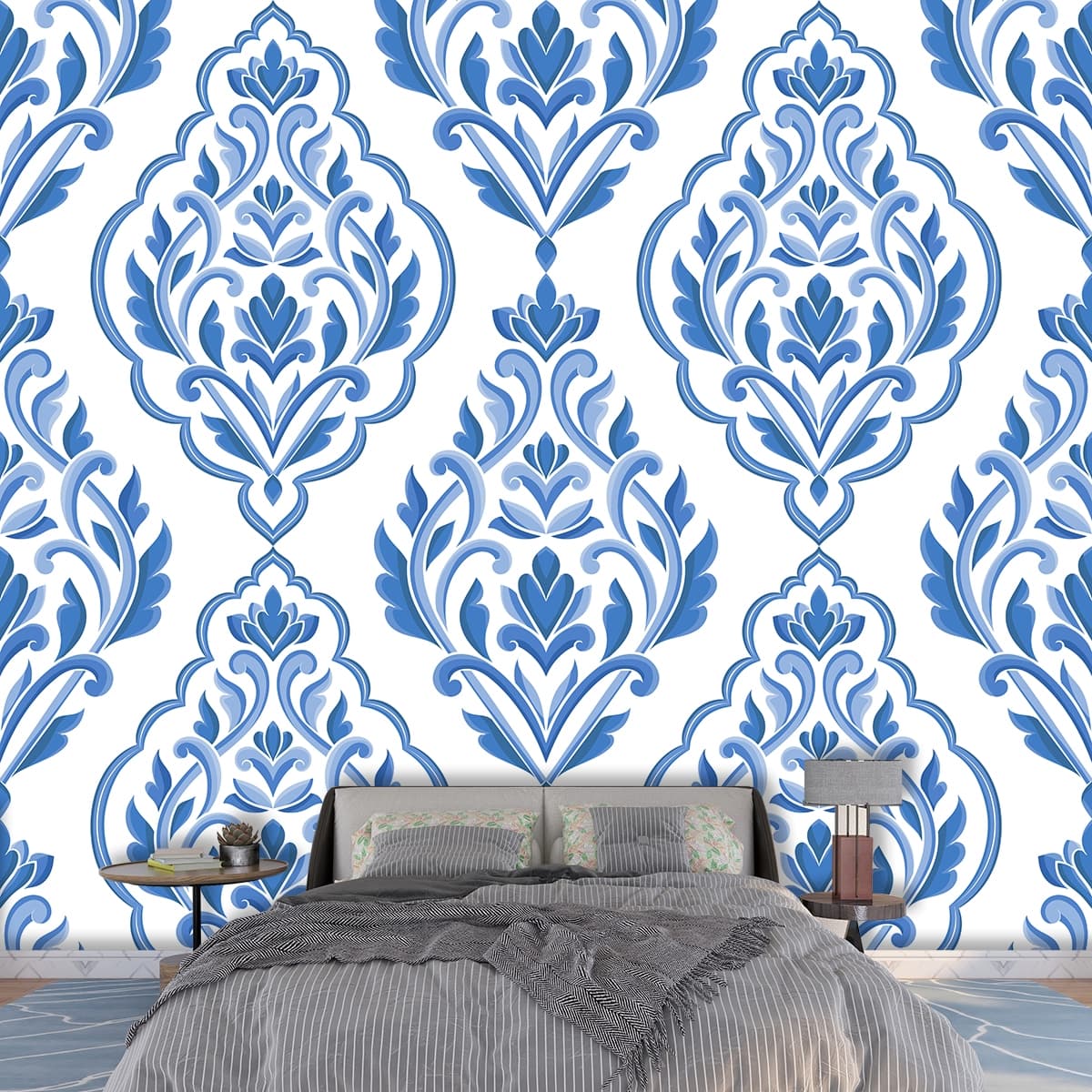 Light Blue and White Damask Pattern Wallpaper for Walls shown in a room
