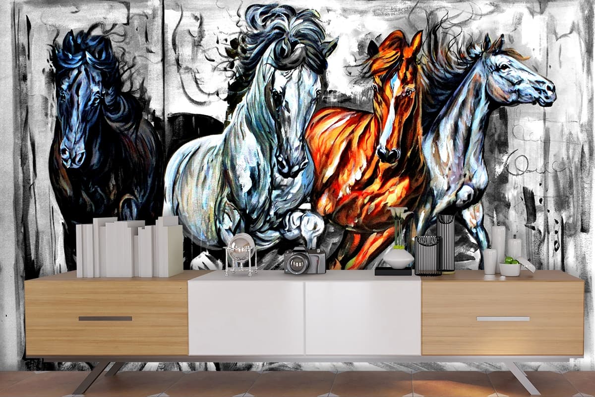 Running Horses Art Wallpaper for Walls shown in a room