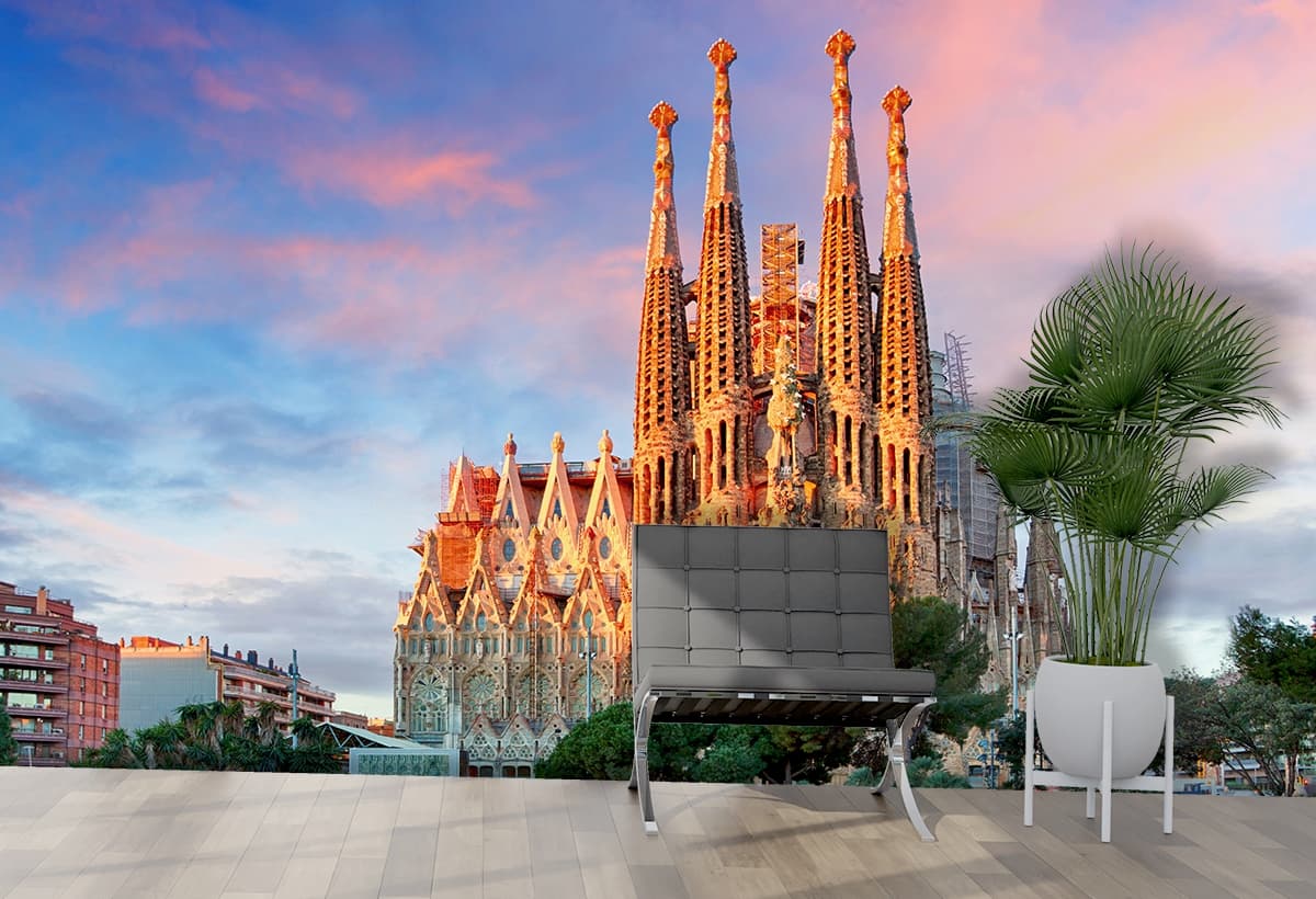 Sagrada Familia with Water Scenic Landscape wallpaper shown in a room
