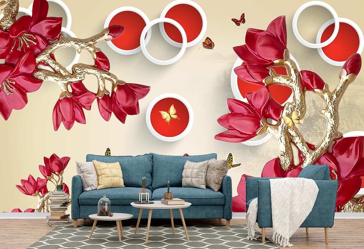 A wallpaper with red flowers and cups shown in a room