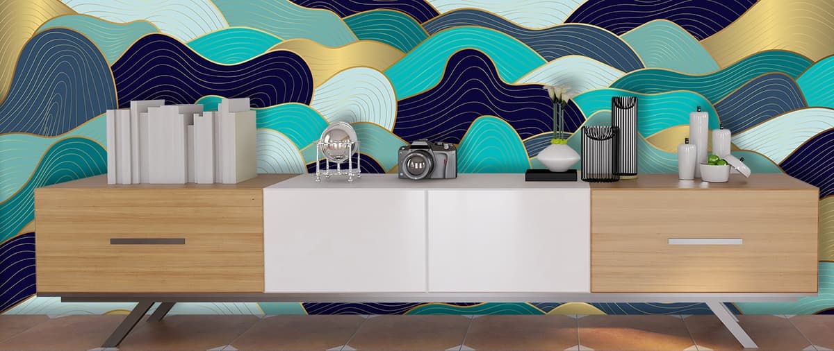 Luxurious Colorful Waves Wallpaper shown in a room