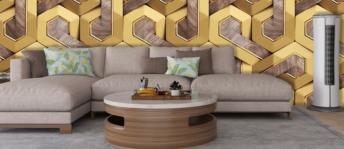 3D Golden Elegance Luxury Wallpaper shown in a room