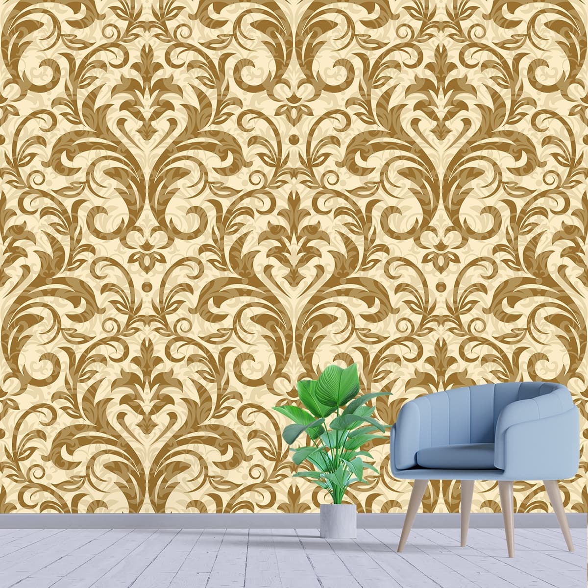 Luxury Artistic Damask Pattern Mural Wallpaper shown in a room